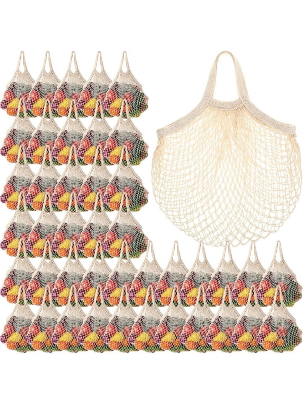 50 Pack Cotton Mesh Produce Bags - Eco-Friendly, Reusable, Short Handle, Beige